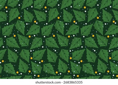 Patrón sin fisuras de Navidades tradicionales con hojas verdes y estrellas aisladas sobre fondo oscuro. Fondo colorido con decoraciones de vacaciones de invierno perfecto para tarjetas, impresión, papel de regalo, Anuncios