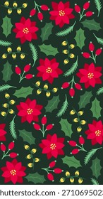 Traditional Christmas Seamless Pattern with Red Flowers Holly Leaves Yellow Bells and Winter Berries on Dark Green Background Vector Illustration