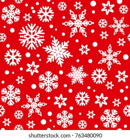 Traditional Christmas seamless pattern with white snowflakes falling on red bakground. Vector illustration.