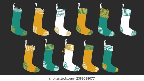 Traditional Christmas Socks Collection. Xmas Set. New year hand drawn hanging socks in vintage style. Retro cute stocking cartoon doodle kids elements. Childish isolated vector illustration