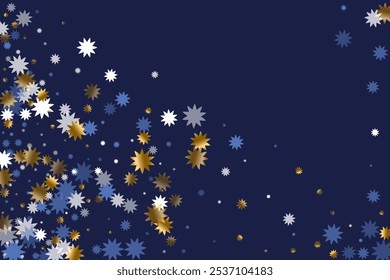Traditionelle Weihnachtsstern, Vektorhintergrund-Illustration. Konfetti aus goldblauem Weiß. Plakat Schneeflocken Ornament. Weihnachtsstern Form Glitter. Feierlicher raffinierter Druck.