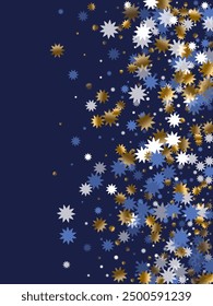 Traditional Christmas star vector scatter graphic design. Gold blue white shiny decoration. Poster snowflake pattern. Christmas star symbol glitter. Night magical wallpaper.