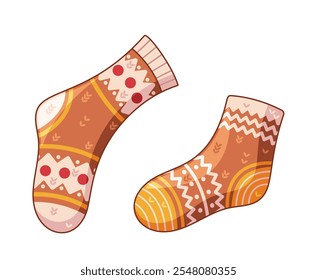 Traditional Christmas stockings children warm clothing with colorful festive holiday ornaments