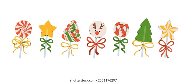 Doces de Natal tradicionais com arco em um fundo branco. Conjunto de decoração de doces de Natal. Feliz Natal. Ilustração de vetor de desenho animado plano