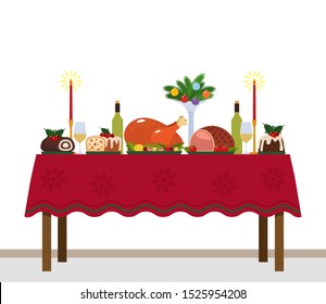 Traditional Christmas table with turkey, pudding, baked meat and desserts. greeting card element. Xmas concept. vector illustration