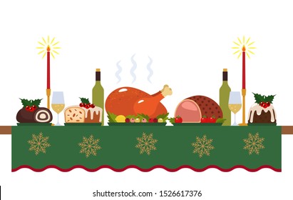 Traditional Christmas table with turkey, pudding, baked meat and desserts. greeting card element. Xmas concept. vector illustration