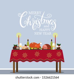 Traditional Christmas table with turkey, pudding, baked meat and desserts. Manual Calligraphy Lettering. greeting card with hand lettering. Xmas concept. vector illustration