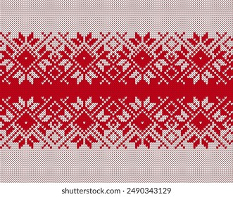 Traditional Christmas texture. Red knitted sweater pattern. Geometric background with snowflakes. Xmas winter knit seamless print. Holiday wool pullover ornament. Festive crochet. Vector illustration