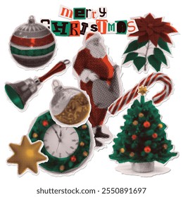 Adesivos tradicionais de meio-tom com tema de Natal definidos com uma sensação retrô, com Papai Noel, árvore de Natal, cana de doces, poinsettia e bolas. Ilustração vetorial para mídia social, cartões ou decoração festiva.