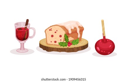 Traditional Christmas Treat and Winter Holiday Dessert with Muffin and Mulled Wine in Glass Vector Set