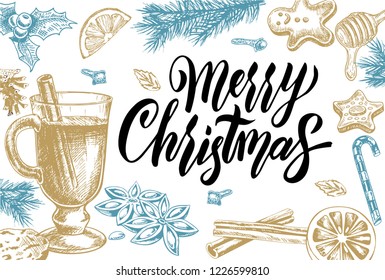 Traditional Christmas treats. Christmas background, winter background with Christmas lettering for cards, greetings and flyers. Winter treats - gingerbread, warming drinks, tangerines, spices. 