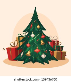 Árbol tradicional de Navidad. Ilustración vectorial de dibujos animados.
