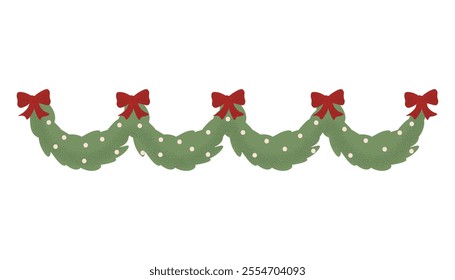 Traditional Christmas tree garland with red bows. Xmas decor of spruce branches with holiday decorative. Simple hand drawn style. Vector illustration