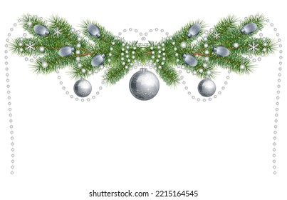 traditional Christmas tree with garlands, silver ornaments, Christmas balls and decorative beads