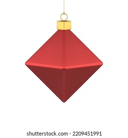 Traditional Christmas tree metallic bauble polygonal rhombus red glossy toy hanging on golden rope 3d template vector illustration. Classic expensive Xmas spruce bauble abstract triangle shape
