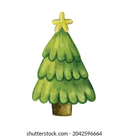 Traditional Christmas tree with star on a white background. Hand drawn watercolor vector illustration