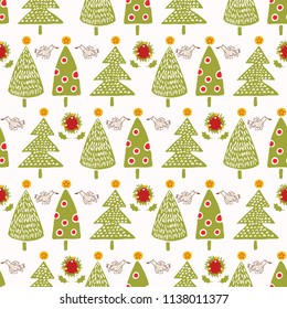 Traditional Christmas Trees Doodle Vector Pattern Repeat Seamless, Hand Drawn  Peace Dove Yuletide Fir Illustration for Home Decor, Stationery, Xmas Decoration, Gift Wrap & Seasonal Web Backgrounds