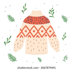 Traditional Christmas Ugly Sweater with Nordic Ornament, Funny Xmas Pullover Isolated on White Background. Knit Winter Handmade Wear for New Year Party Celebration, Gift. Cartoon Vector Illustration