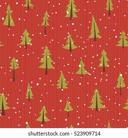 Traditional Christmas vector pattern with coniferous trees and snow. Cartoon style.