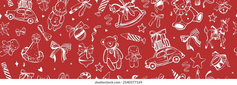 Traditional Christmas vintage toys seamless pattern, vector winter holiday present wrapping paper. Hand drawn New Year cartoon kids texture, teddy bear, cute horse, car. Christmas pattern doodle print