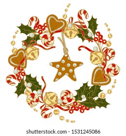 traditional Christmas wreath with bells, gingerbread cookies, holly and sweets