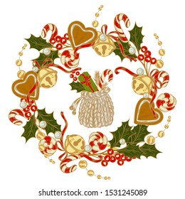 traditional Christmas wreath with bells, gingerbread cookies, holly and sweets