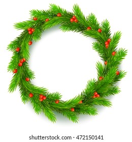 Traditional Christmas wreath made of green fir branches with red berries of viburnum, on a white background. Vector, editable illustration