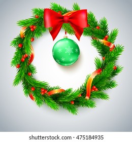 Traditional Christmas wreath made of green fir branches with red berries of viburnum, Golden ribbon, red bow and Christmas ball on a white background. Vector, editable illustration