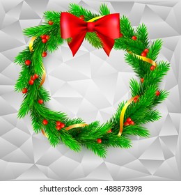 Traditional Christmas wreath made of green fir branches with red berries of viburnum, Golden ribbon and red bow on the background made of triangles. Vector, editable illustration