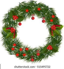 A traditional Christmas wreath made with red berries on a white background.