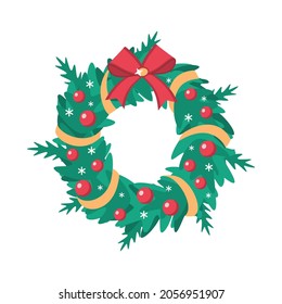 Traditional Christmas wreath with red balls, ribbon and bow. Isolated element for seasonal Christmas or New Year greetings, advertising, sale design concept. Flat vector illustration