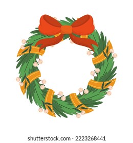 Traditional Christmas Wreath with Red and Gold Bow Isolated on White Background. Xmas Decor of Spruce Branches with Holiday Decorative Elements, Noel Winter Eve. Cartoon Vector Illustration