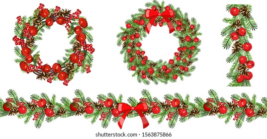 Traditional Christmas wreath set with winter floral isolated on white background. Christmas tree branches as a border or template for christmas greeting card