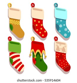 Traditional christmas, xmas colorful stocks vector set. Christmas socks for gift, winter sock to holiday illustration.