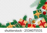 Traditional Christmas-themed banner with gift boxes tied with white bow, striped candy canes, baubles, confetti and pine or Xmas tree branches (flat lay) as a frame on blank transparent background