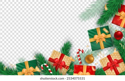 Traditional Christmas-themed banner with gift boxes tied with white bow, striped candy canes, baubles, confetti and pine or Xmas tree branches (flat lay) as a frame on blank transparent background