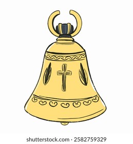 A traditional church bell illustration in gold tones. Perfect for vintage themed designs, Christian artwork, and sound related icons.