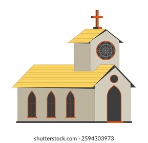 Traditional church building with gothic windows 2D cartoon object. Christian faith prayer house. Steeple cross, religious architecture isolated element flat vector clip art on white. Spot illustration