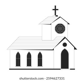 Traditional church building gothic windows 2D line object. Christian faith prayer house. Steeple cross, religious architecture isolated clipart vector ink outline item. Monochrome spot illustration