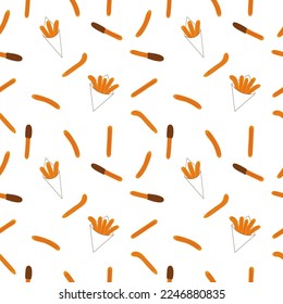 Traditional churros with chocolate sauce seamless pattern. Spanish and Latin American donut pastry background. Vector flat illustration.