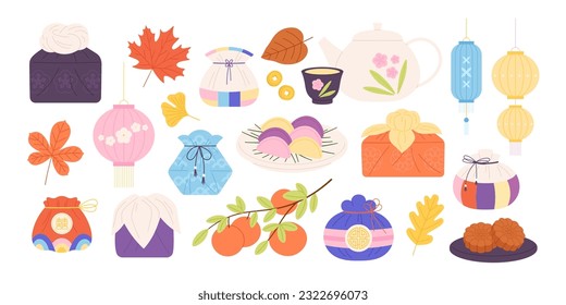 Traditional chuseok festival elements. Korean lucky bags, orange tree and cookies. Oriental chinese autumn, racy food and symbols vector set