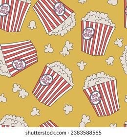 Traditional cinema snack popcorn in striped red white bucket vector seamless pattern. Groovy food background.