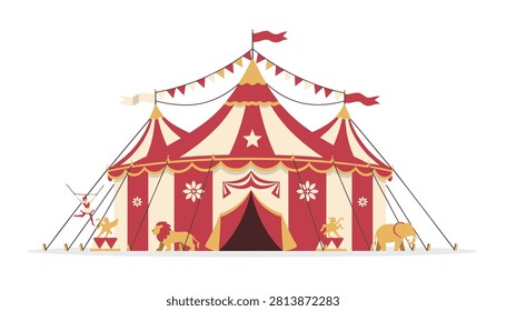Traditional circus tent features decorative floral patterns with an acrobat, a lion, and an elephant standing in front.
