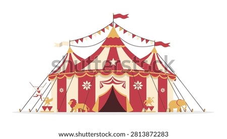 Traditional circus tent features decorative floral patterns with an acrobat, a lion, and an elephant standing in front.