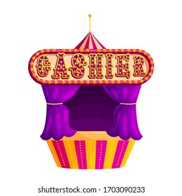 Traditional circus ticket window flat vector illustration. Festival cashier tent with bulbs. Amusement park. Carnival event. Magician show, performance, entertainment. Control pass