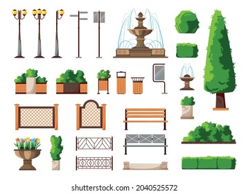 Traditional city park summer elements set with fountain flower beds topiary round bushes benches lanterns vector illustration