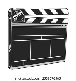 A traditional clapperboard rests on a flat surface featuring the iconic black and white striped design. It is commonly used to mark scenes and sync sound in filmmaking processes.