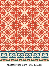 traditional classic color pattern tile rug on a beige background red patterns with a blue border