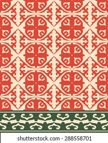 traditional classic color pattern tile rug on a beige background red patterns with a green border