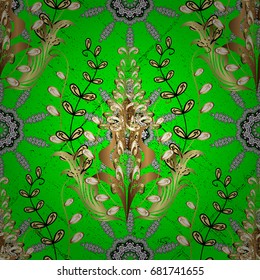 Traditional classic golden pattern. Oriental ornament in the style of baroque. Golden pattern on green background with golden elements. Vector oriental ornament.